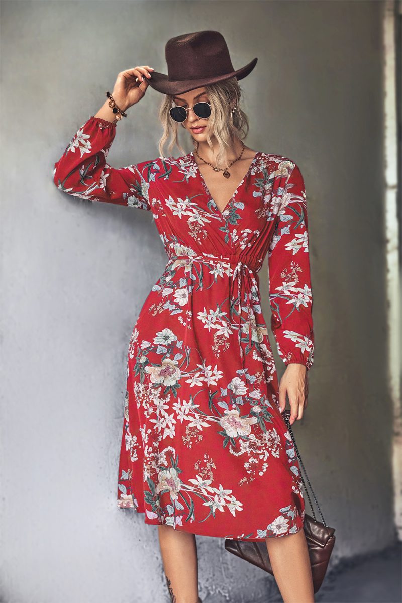 Fall Women Clothing Classic V neck Lace up Floral Print Long Sleeve Dress