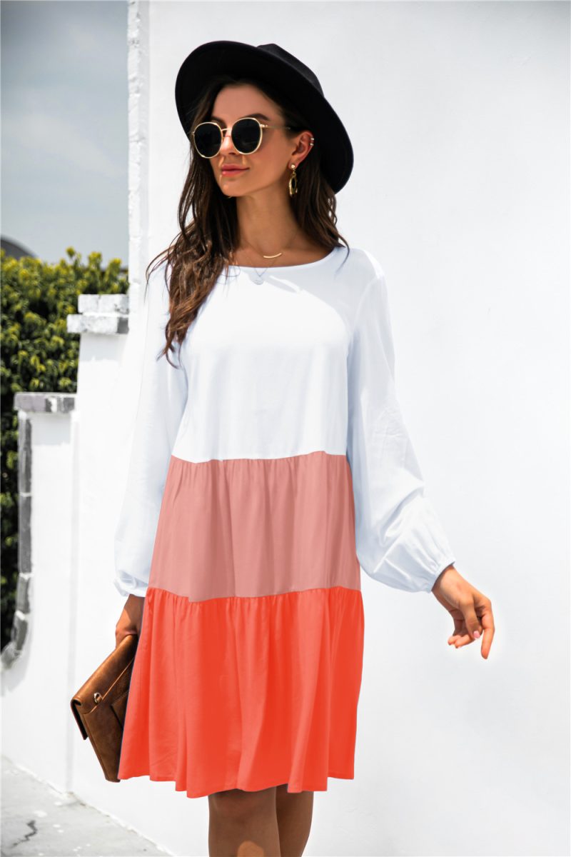 Arrival Stitching Contrast Color Long-Sleeve round-Collar Dress - Image 3
