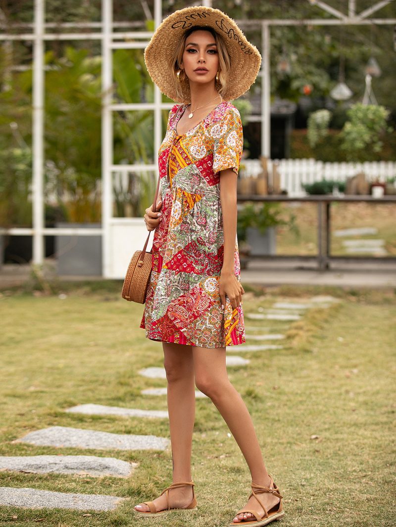 Summer Bohemian Vacation Beach Neckline Lace Short Sleeve Dress for Women - Image 7
