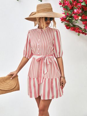 Popular Women Clothing Puff Sleeve Stand Collar Dress