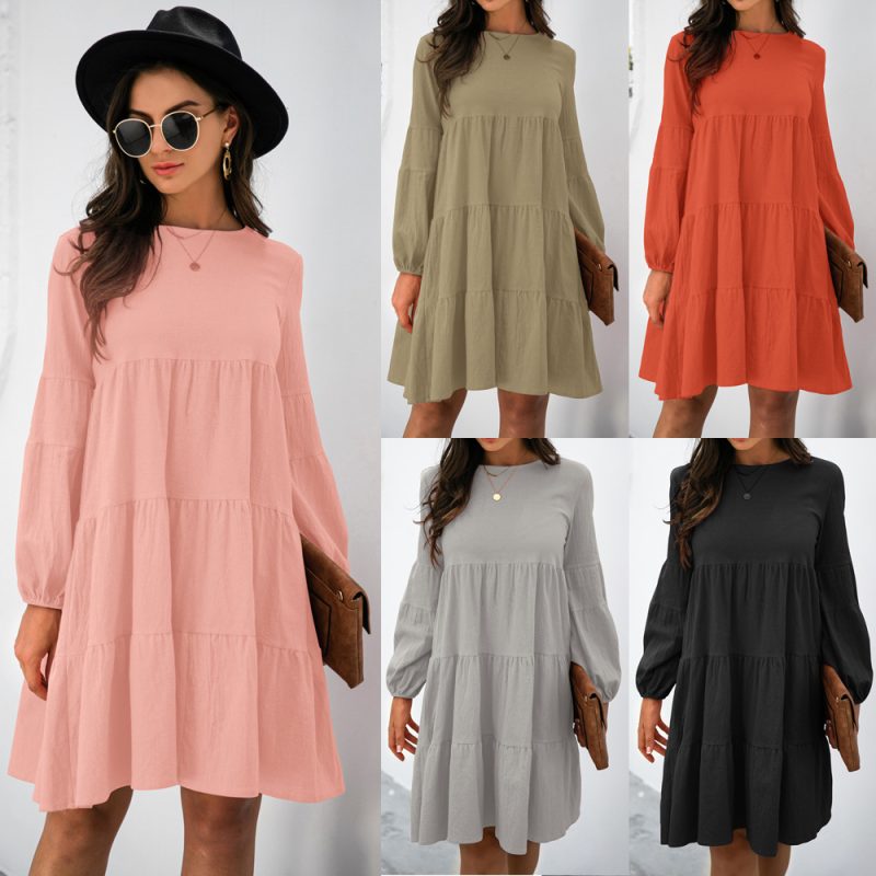 Women  Clothing Cotton Linen round-Neck Lantern Sleeve Loose Stitching Big Swing Autumn Winter Dress - Image 2