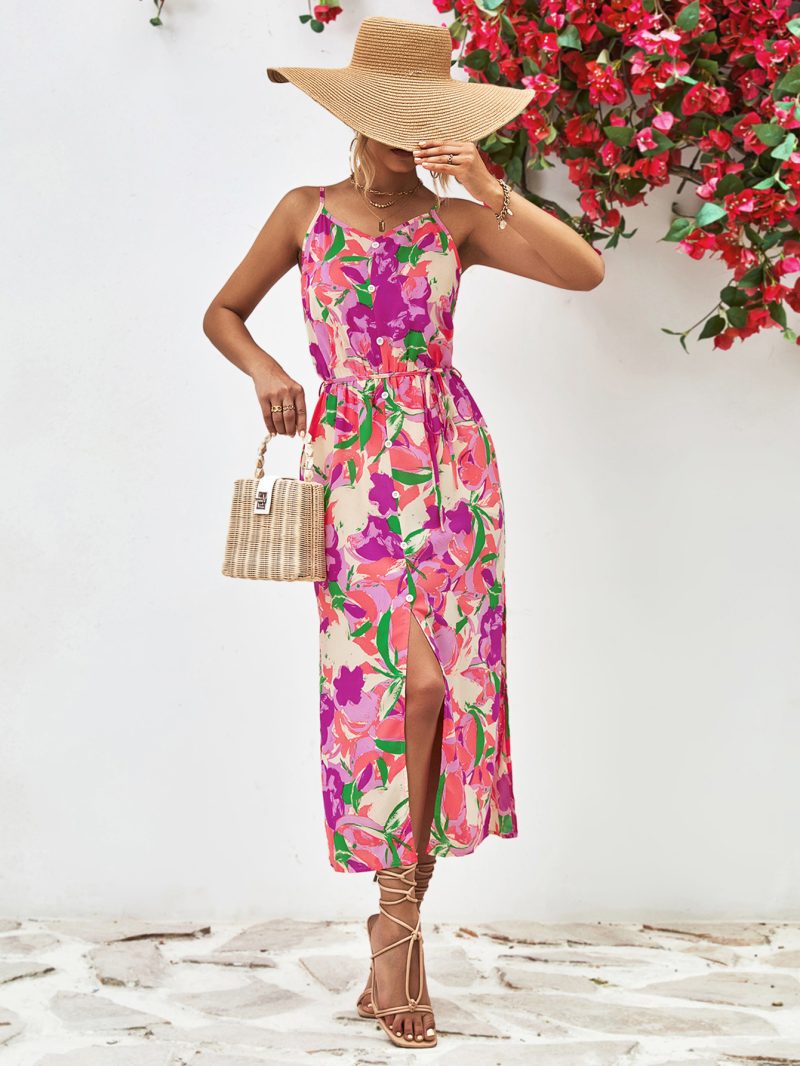 Popular Spaghetti Strap Floral Print Split Dress - Image 3