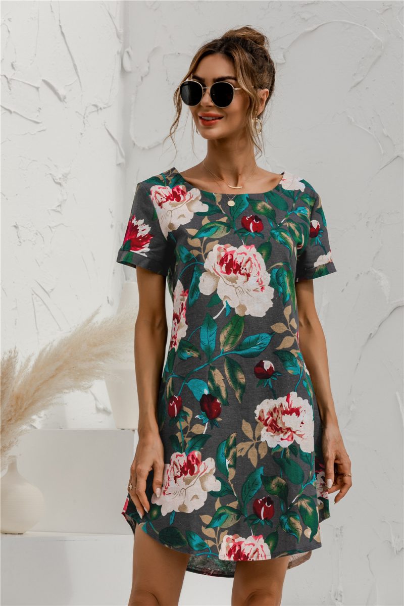 Spring Summer Plus Size  Recommended  Short Sleeve Round Neck Cotton Linen Floral Print Dress - Image 5