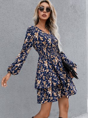 Sexy Deep V Plunge Plunge neck Slimming Mid Length Printed Dress Long Sleeve Dress Women