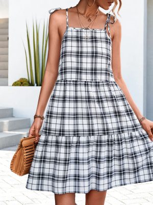 Spring Summer Classic Plaid Stitching Strap Dress Women