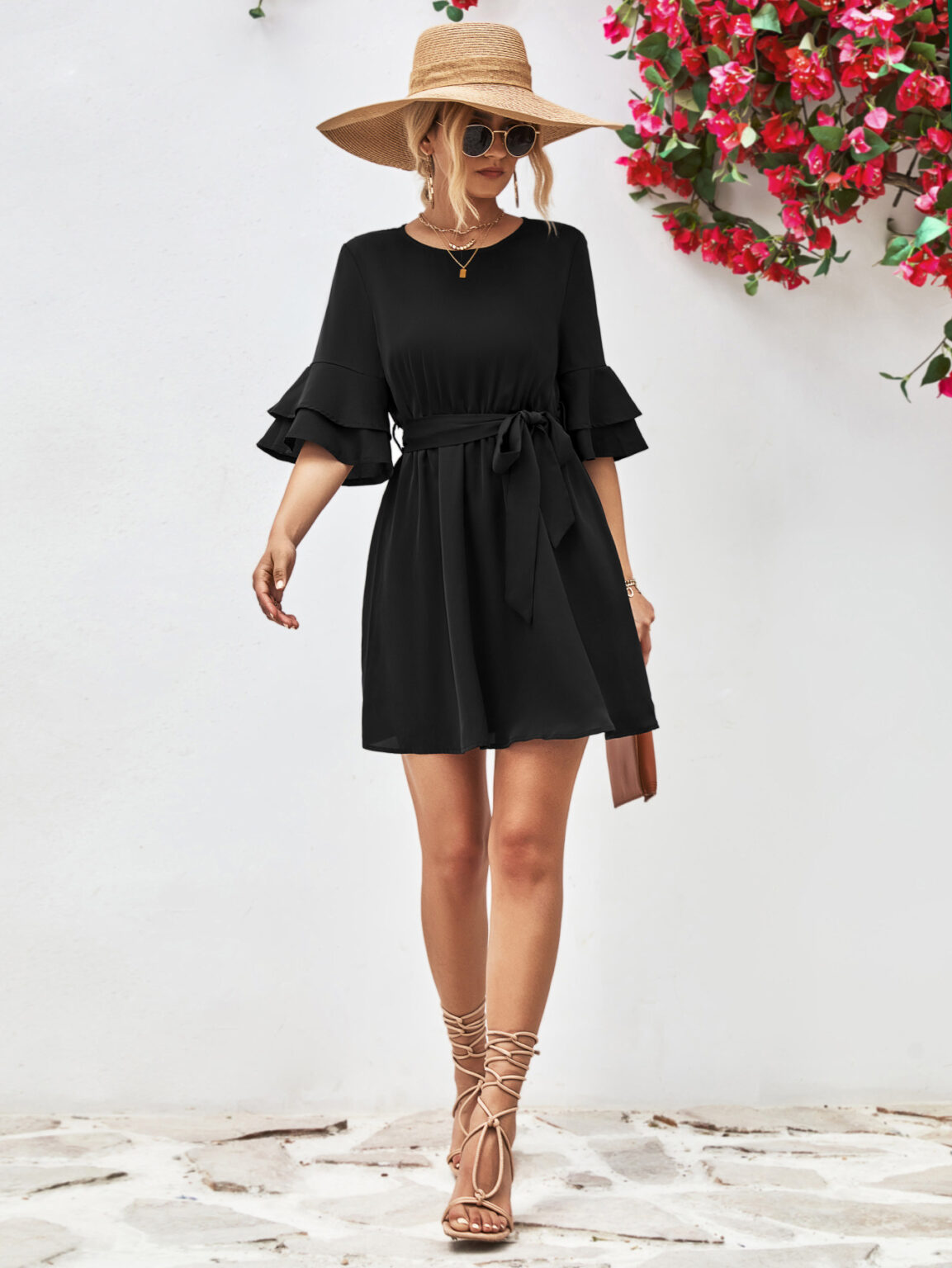 Popular Horn Ruffle Sleeve Solid Color Dress - Image 3