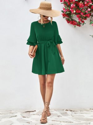 Popular Horn Ruffle Sleeve Solid Color Dress