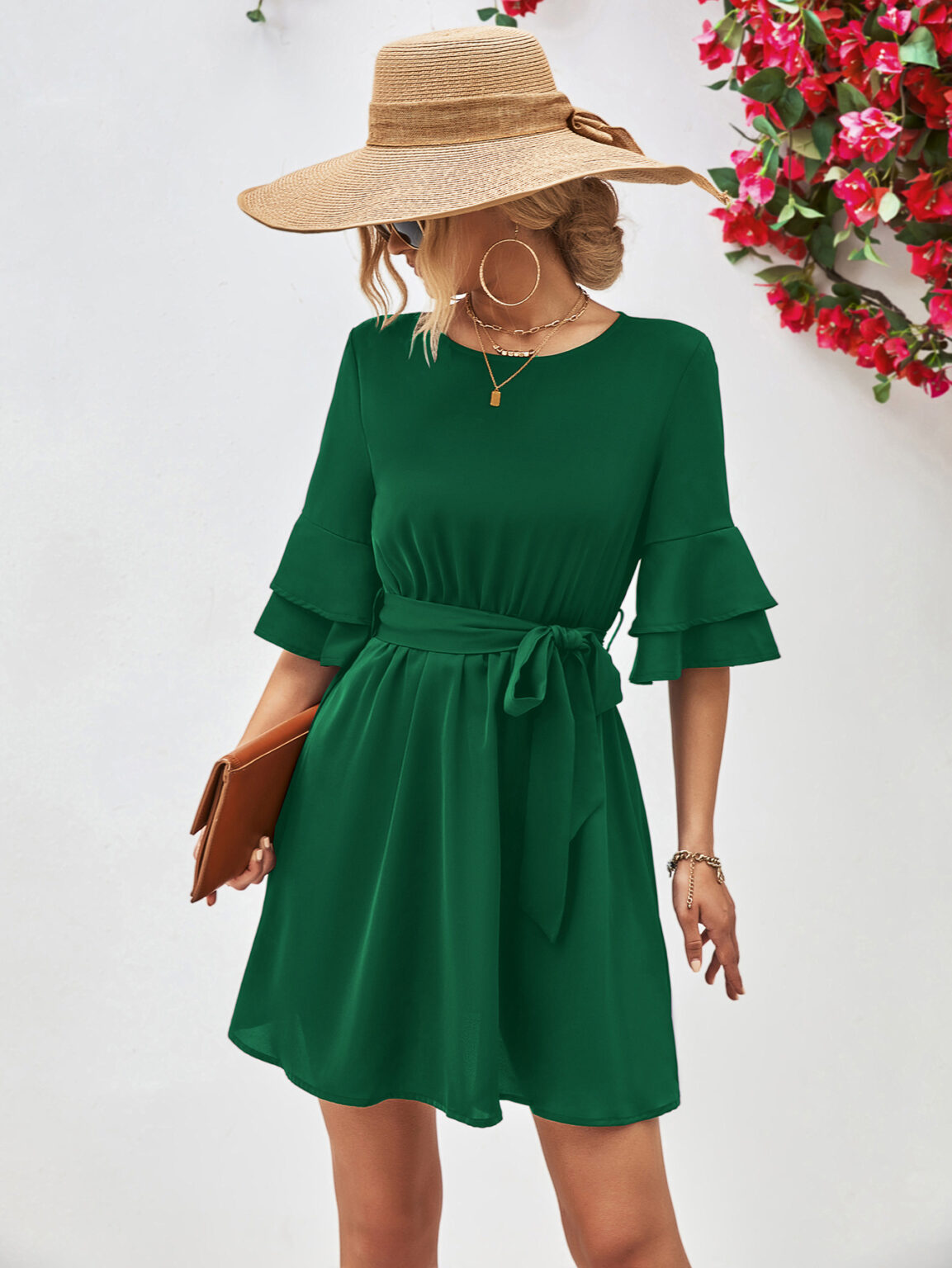 Popular Horn Ruffle Sleeve Solid Color Dress - Image 9