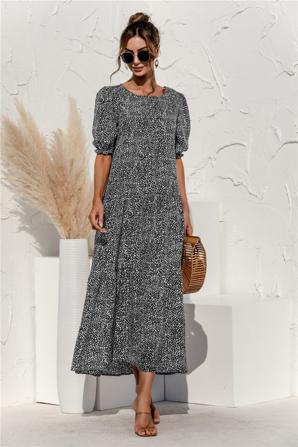 Spring/Summer Puff Sleeve Polka Dot Plaid Loose Stitching Dress Maxi Dress - Image 4