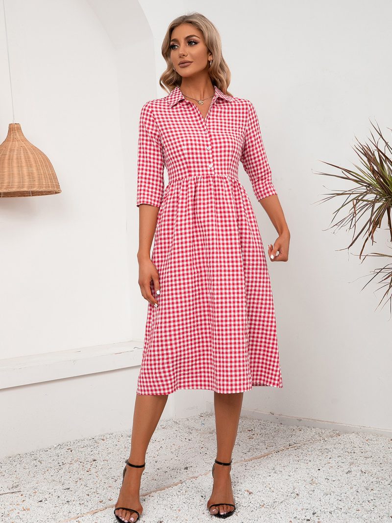 Loose Casual Mid Length Plaid Collared Shirt Dress Women - Image 6