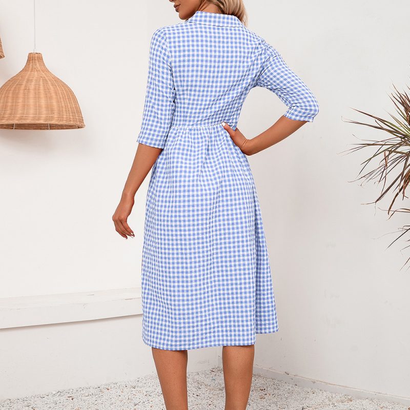 Loose Casual Mid Length Plaid Collared Shirt Dress Women - Image 4