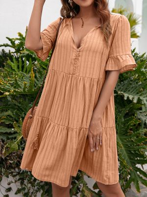 Spring Summer Women Loose Casual Dress 5 Point Sleeve Mid Length V neck Dress