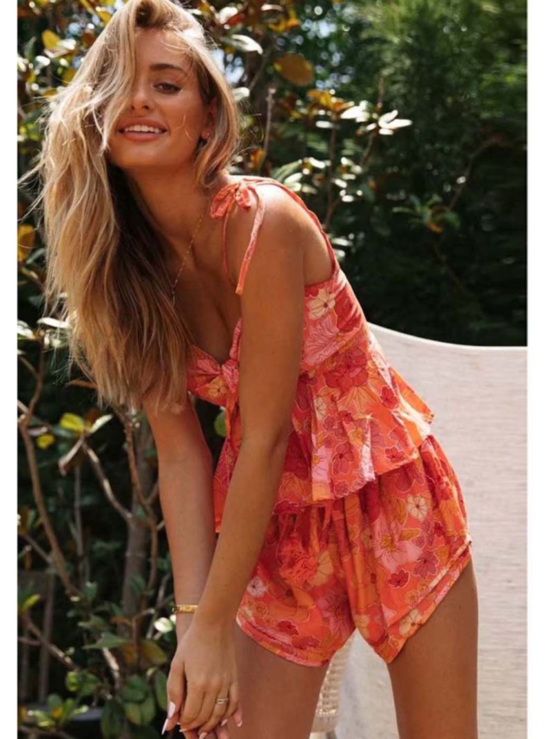 Retro Floral Print Two Piece Set Summer Sexy Cami Tops Elastic High Waist Short Pants Boho Casual Women Two Piece Outfits - Image 3