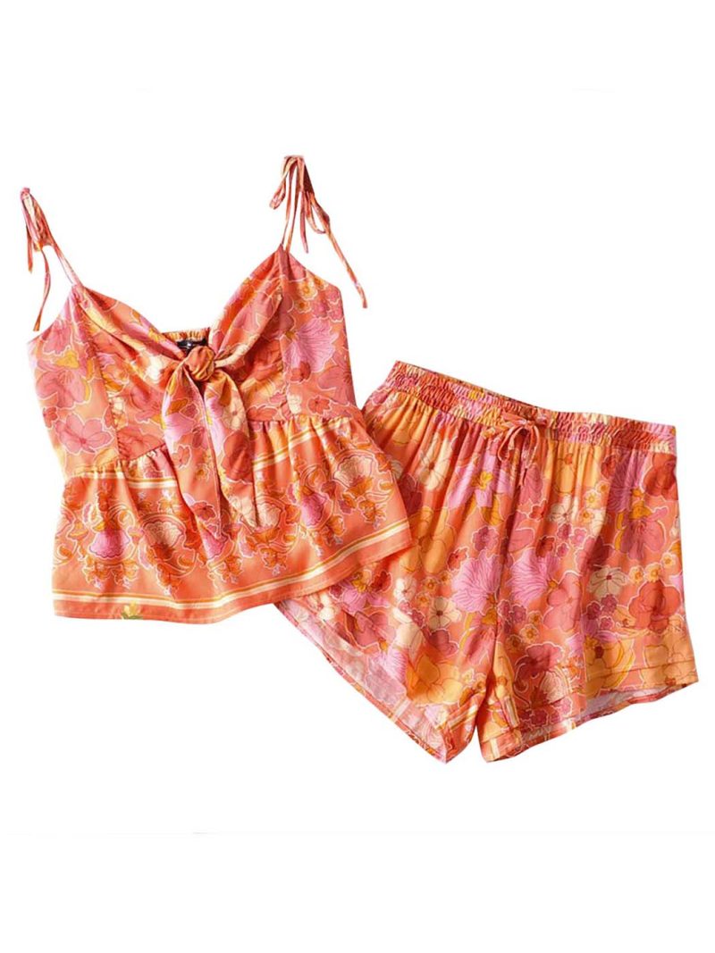 Retro Floral Print Two Piece Set Summer Sexy Cami Tops Elastic High Waist Short Pants Boho Casual Women Two Piece Outfits - Image 4