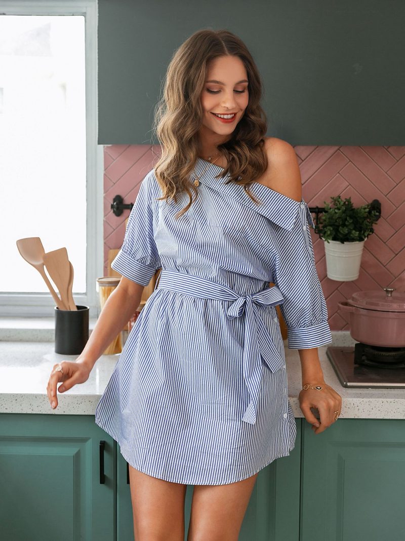 Sexy off shoulder women dress Striped belt short sleeve buttons summer dress Casual ladies chic bodycon office dress - Image 4