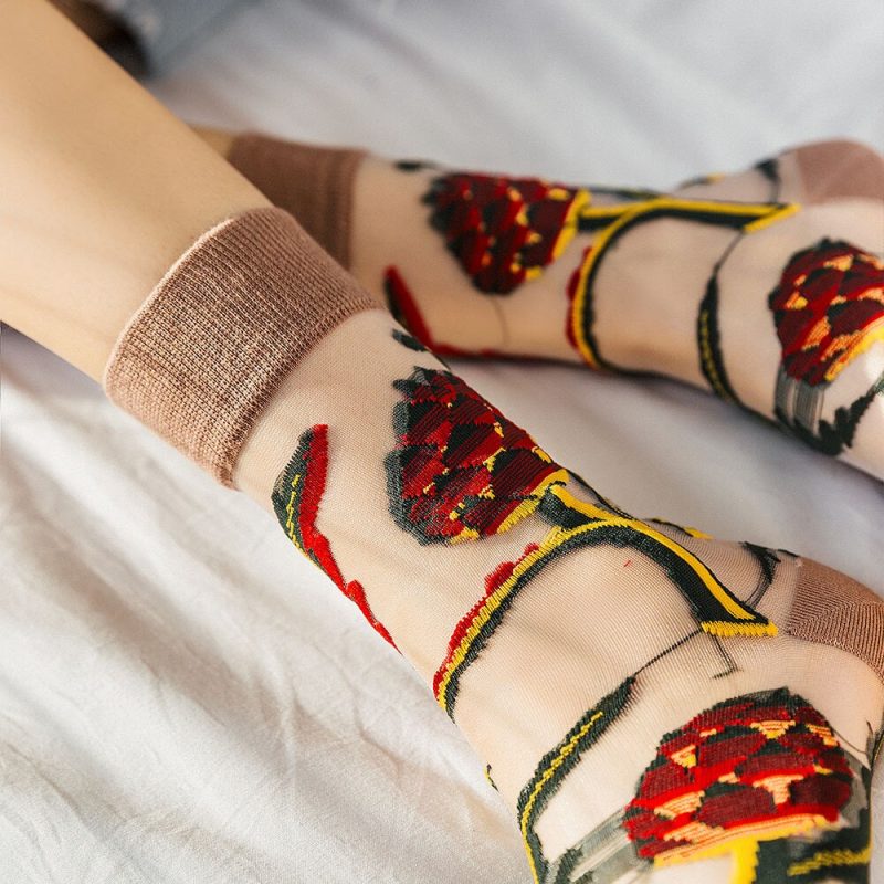 Vanessa's Pearl Crystal Silk Floral Transparent Socks - Image 2