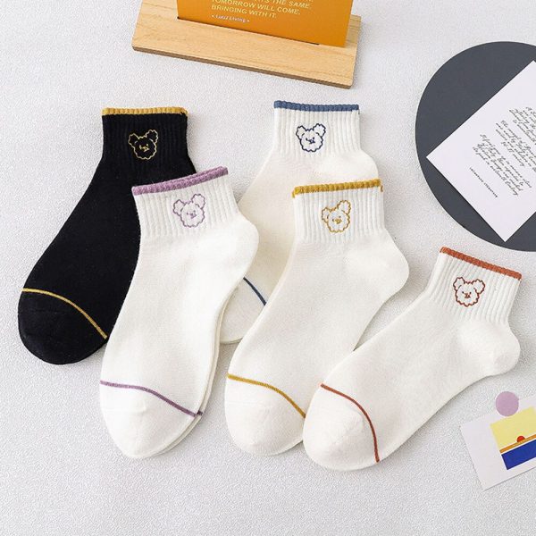 Vanessa's Pure Cotton Women's Boat Socks 5 Pairs - Cartoon Bear Design - Image 4