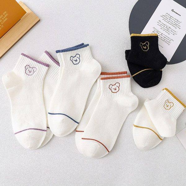 Vanessa's Pure Cotton Women's Boat Socks 5 Pairs - Cartoon Bear Design - Image 5