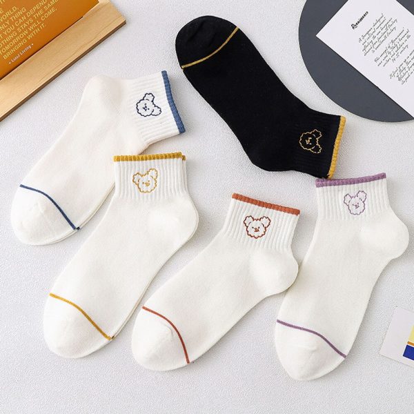 Vanessa's Pure Cotton Women's Boat Socks 5 Pairs - Cartoon Bear Design - Image 6