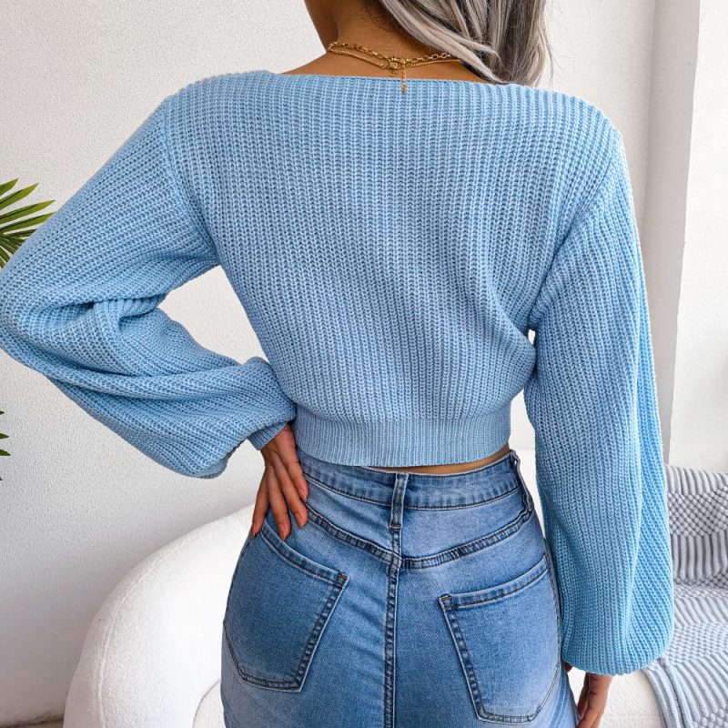 Bowknot V-Neck Cropped Sweate - Image 5