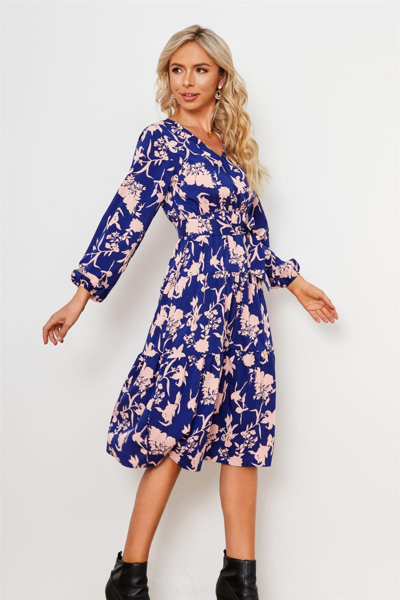 Long-Sleeved V-Neck Floral Dress - Image 4