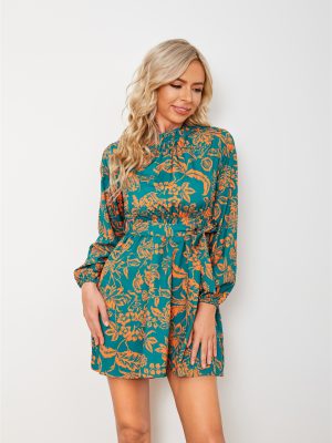 Printed Long Sleeve Waist Dress