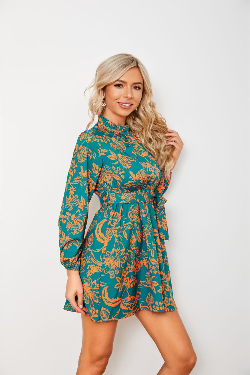Printed Long Sleeve Waist Dress - Image 4