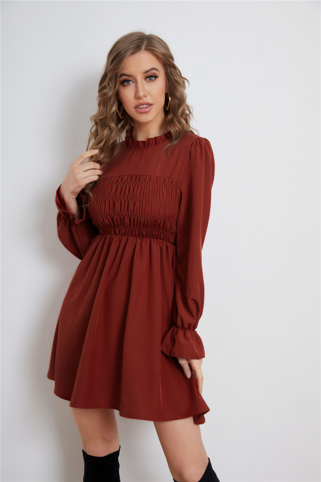 Elegant Solid Color Long Sleeve Dress - Image 3