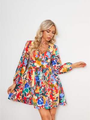 Long Sleeve Floral High Waist Dress