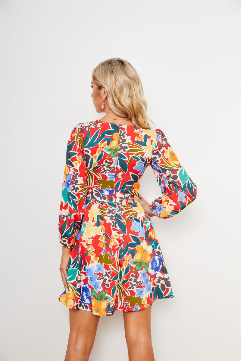 Long Sleeve Floral High Waist Dress - Image 2