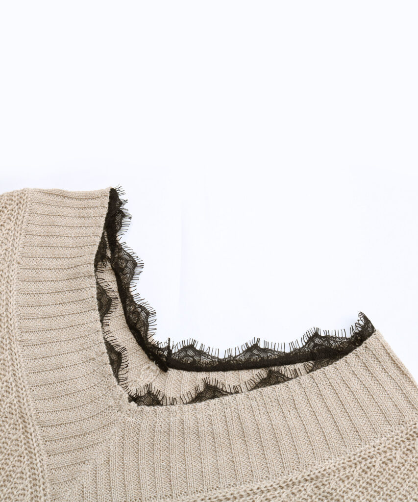 Women Wear V neck Solid Color Long Sleeve Lace Stitching Woolen - Image 2