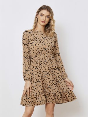 Printed Long Sleeve Crew Neck A-Line Dress