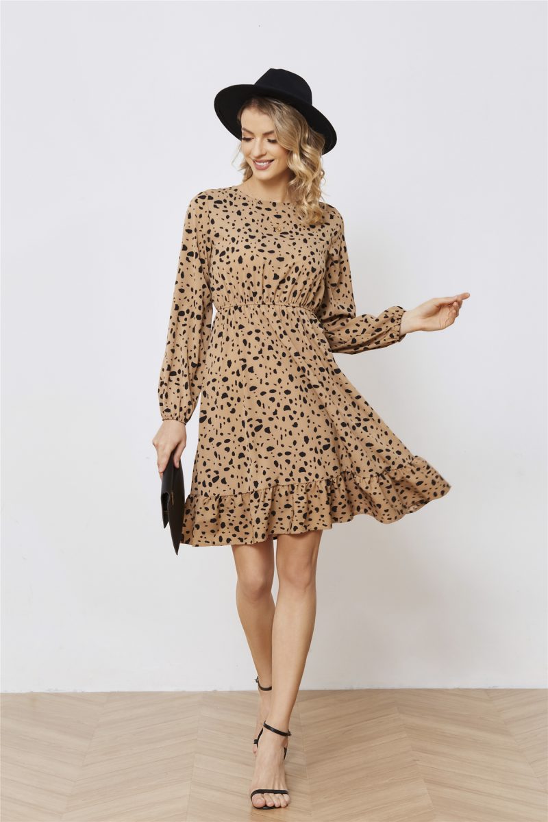 Printed Long Sleeve Crew Neck A-Line Dress - Image 2
