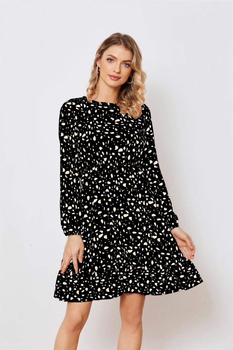 Printed Long Sleeve Crew Neck A-Line Dress - Image 4