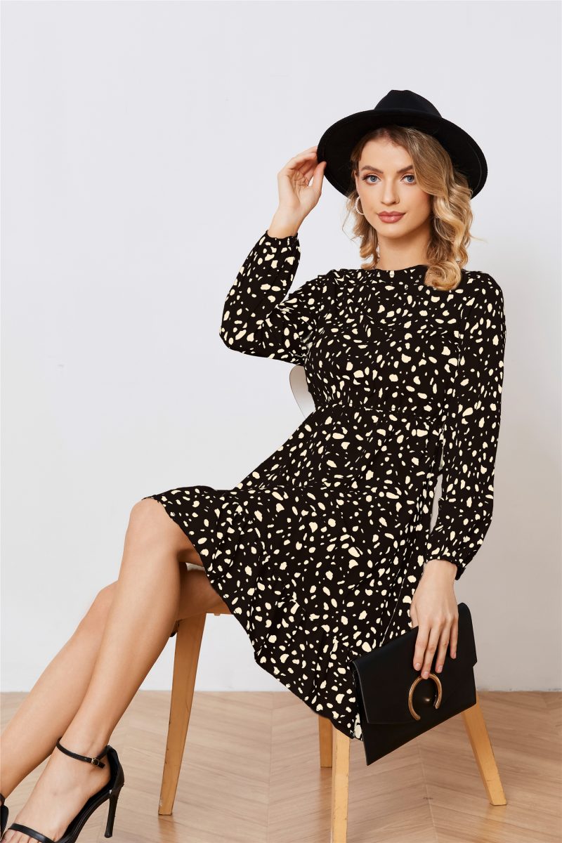 Printed Long Sleeve Crew Neck A-Line Dress - Image 5