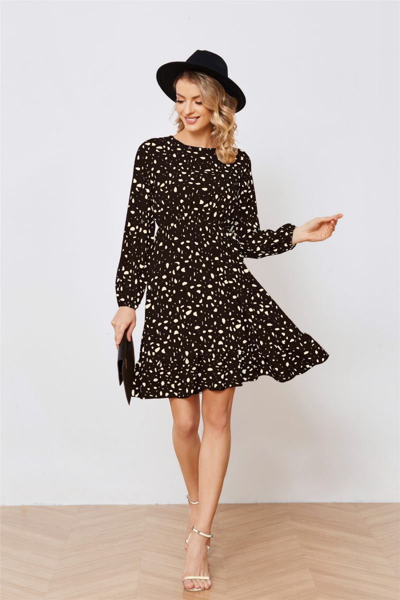Printed Long Sleeve Crew Neck A-Line Dress - Image 6