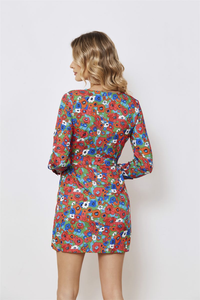 Printed Long Sleeve V-Neck A-Line Dress - Image 4