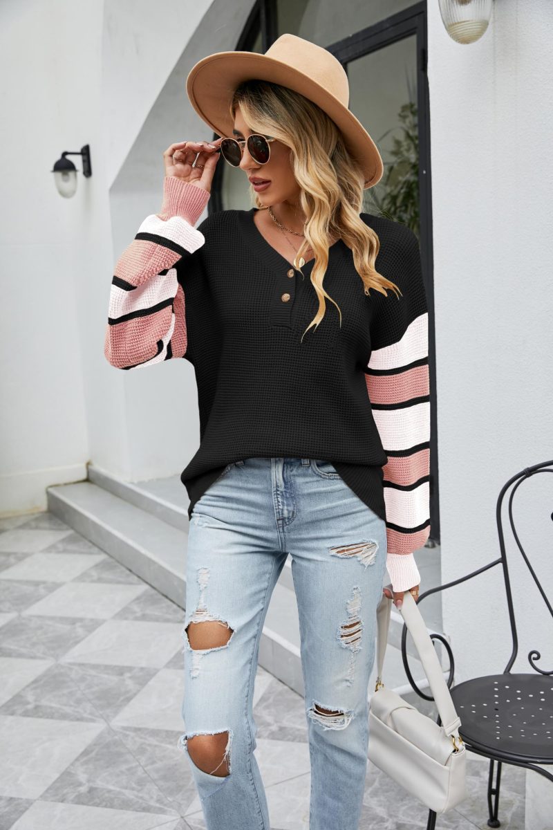 Striped Lantern Sleeve Women's Sweater - Autumn/Winter - Image 5