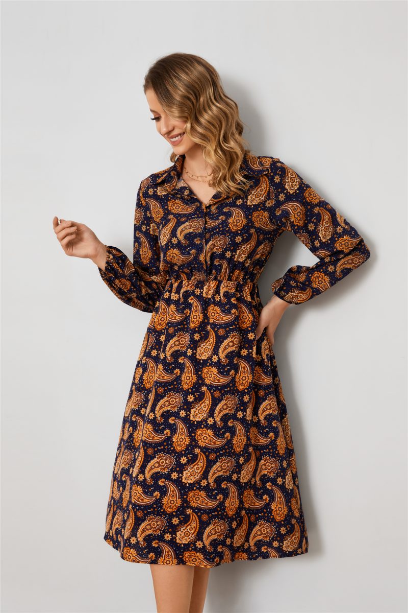 Long Sleeve Cashew Flower A-Line Shirt Dress - Image 2