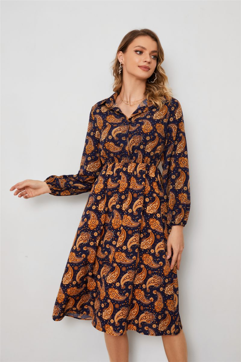 Long Sleeve Cashew Flower A-Line Shirt Dress - Image 3