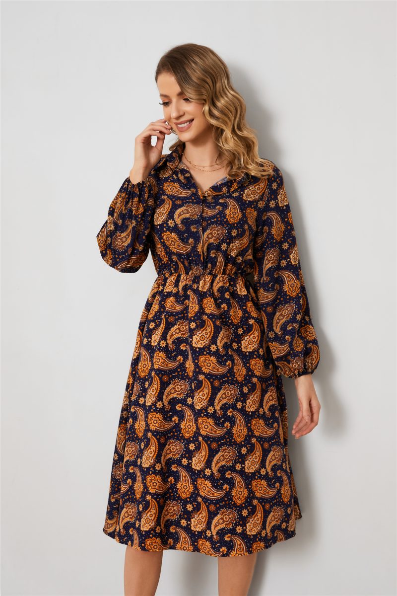 Long Sleeve Cashew Flower A-Line Shirt Dress - Image 4
