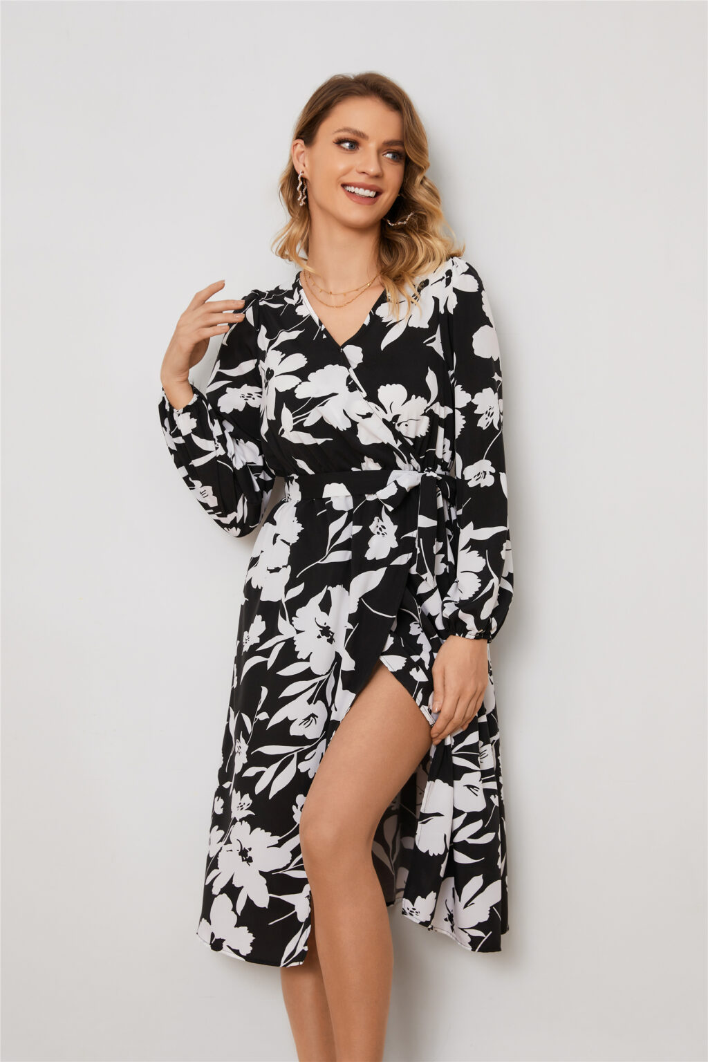 Split V-Neck Long Sleeve Elegant Dress - Image 3