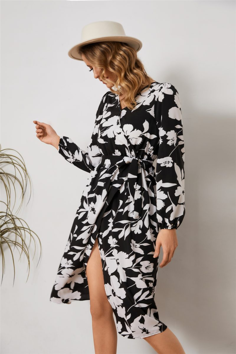 Split V-Neck Long Sleeve Elegant Dress - Image 4