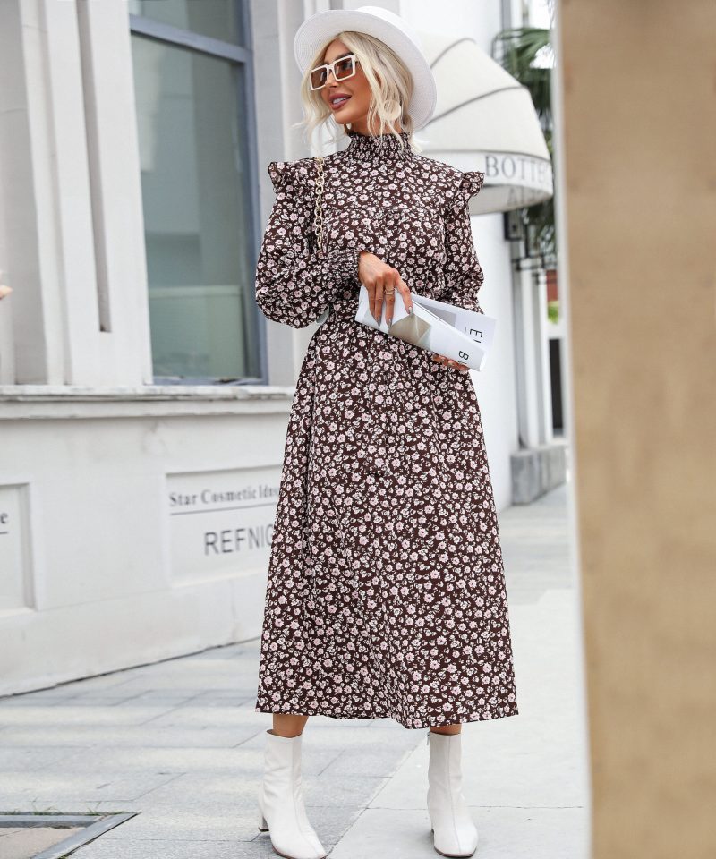 Women Wear Autumn High Collar Long Sleeve Printed Maxi Dress For Women - Image 2