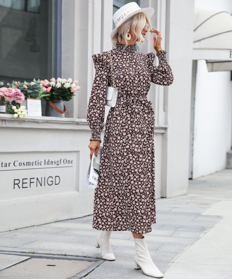 Women Wear Autumn High Collar Long Sleeve Printed Maxi Dress For Women - Image 3