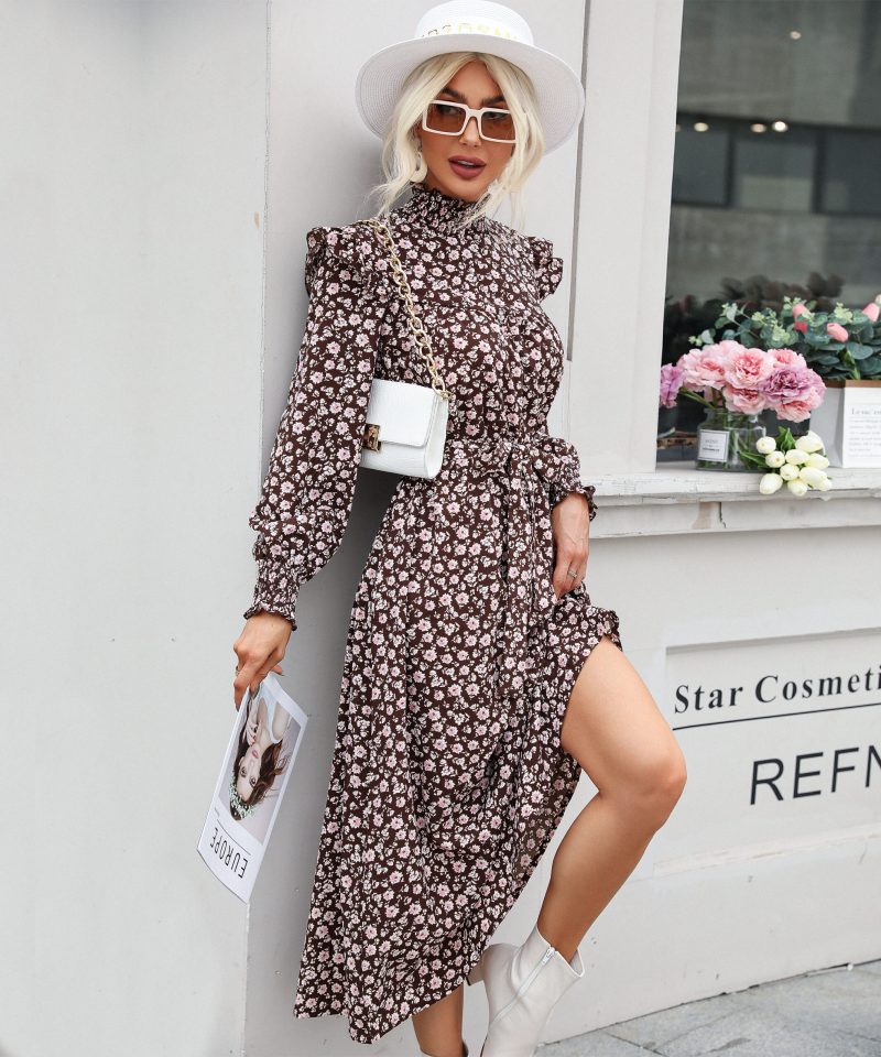 Women Wear Autumn High Collar Long Sleeve Printed Maxi Dress For Women - Image 4