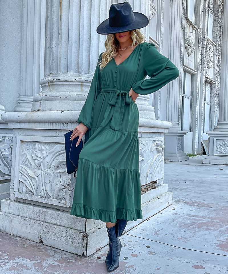 Women Wear Autumn Winter Long Sleeve Pleated Green Dress - Image 2