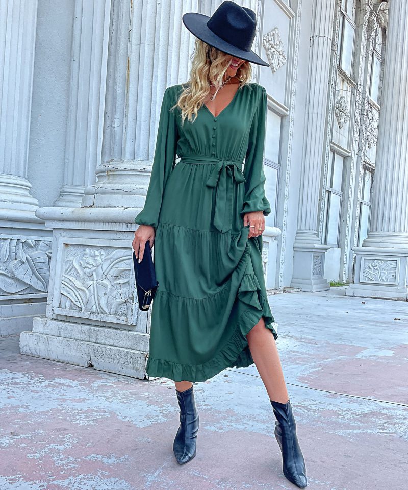 Women Wear Autumn Winter Long Sleeve Pleated Green Dress - Image 3