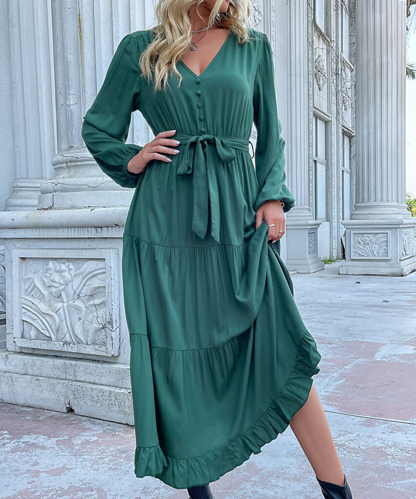 Women Wear Autumn Winter Long Sleeve Pleated Green Dress - Image 5