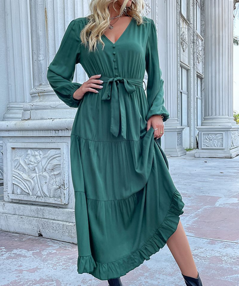Women Wear Autumn Winter Long Sleeve Pleated Green Dress - Image 5